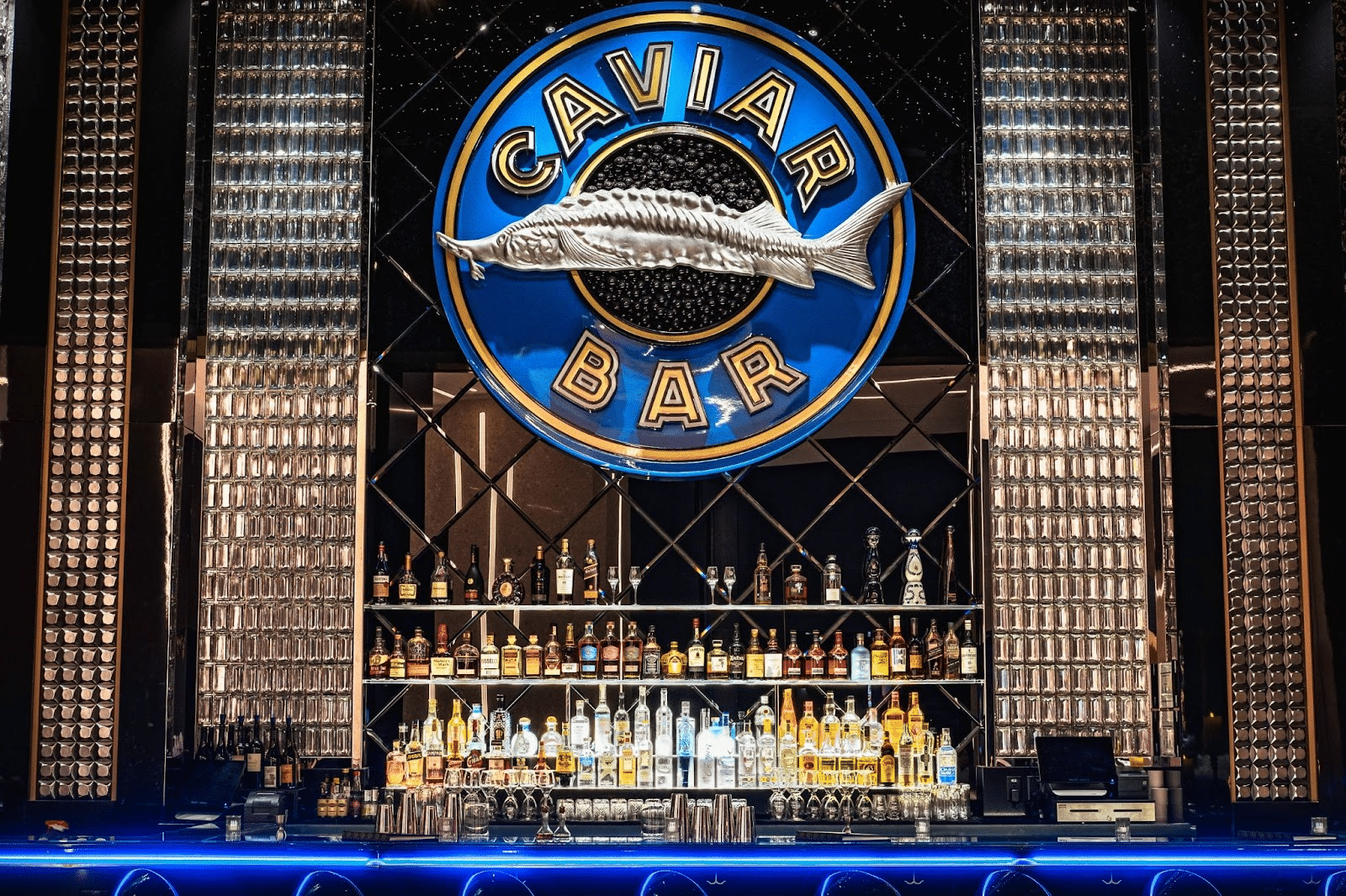 the bar inside Aqua Seafood & Caviar Restaurant