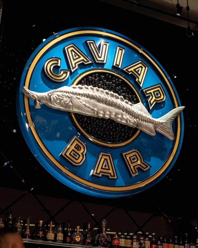 The Aqua Seafood & Caviar Restaurant sign, a seafood restaurant on the Las Vegas Strip.