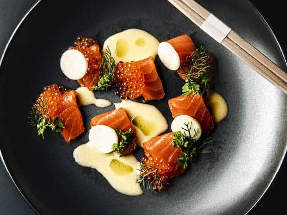 salmon on a wood slab