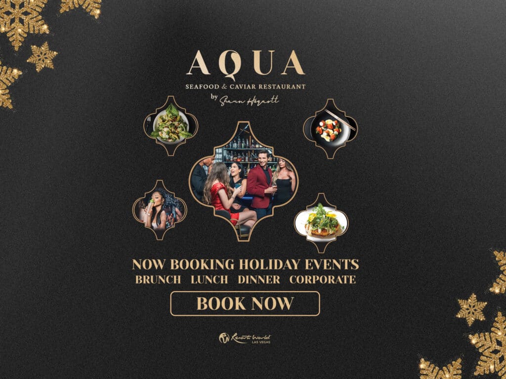 Aqua seafood & caviar restaurant holiday booking reservation event graphic for new years eve 2024 dinner in las vegas